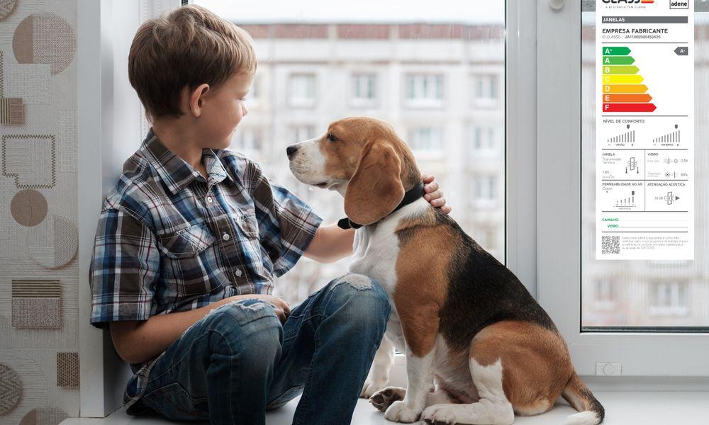 boy European appearance and Beagle dog sitting on the windowsill in the apartment house